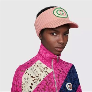 Gucci NWT Wool Knit Logo Pink Visor Cap